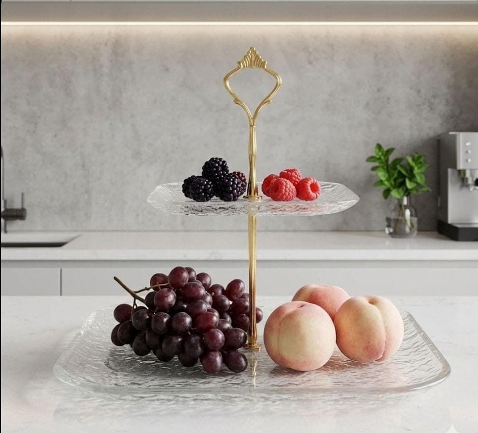 Generic 2-Tier Clear Glass Display Stand, Multi-Purpose Serving Tray for Fruit, Cakes, Biscuits and Sweets, with Gold Handle, .sa