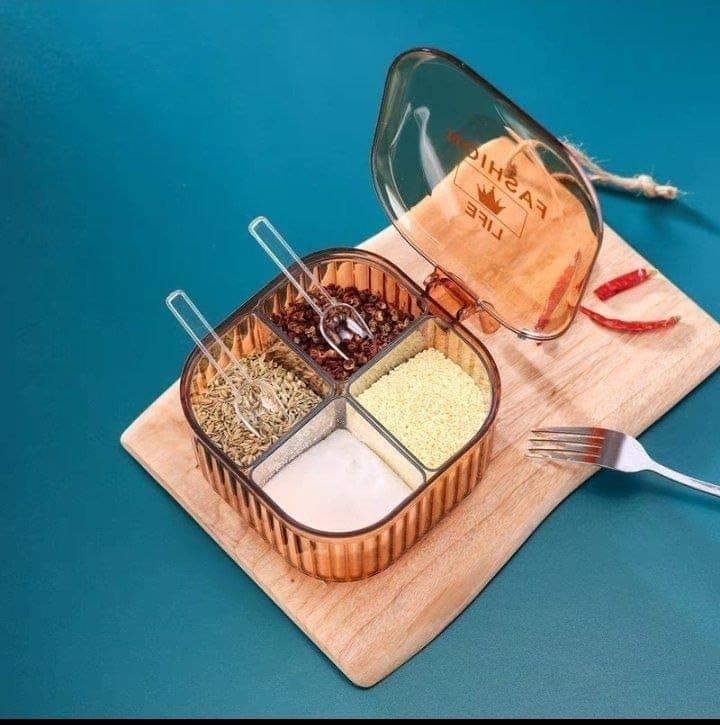 Generic Acrylic spice box, Divided into 4 compartments, Each compartment includes a spoon, Features an acrylic lid, Available in multiple colors, .mk