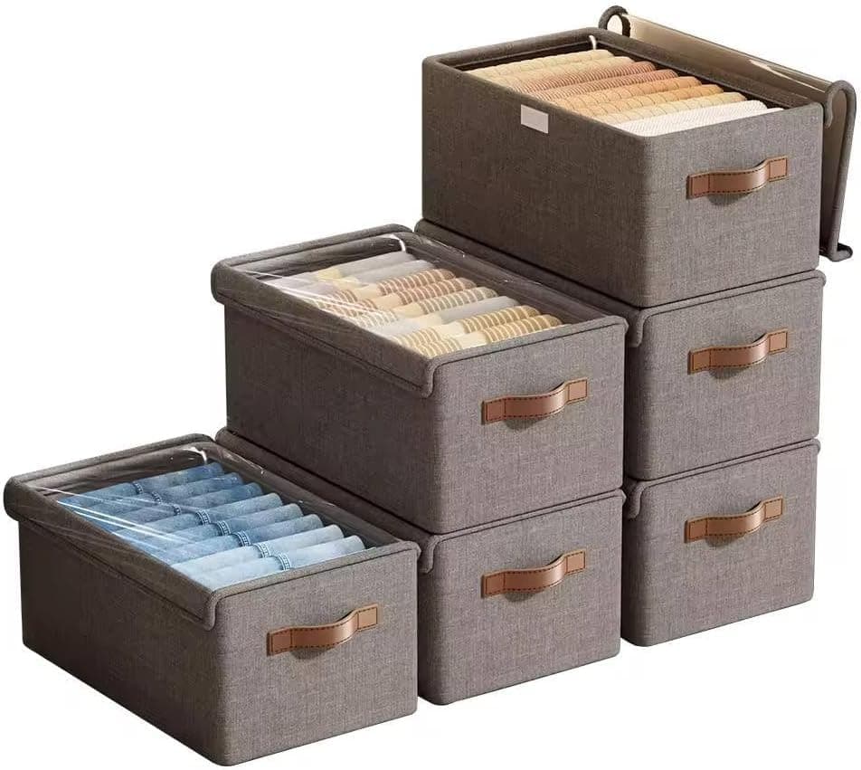 Multi-use Dressing Room Organizer Bin for Clothes Books and Items with Internal Metal Frame Transparent Adhesive Lid and Ergonomic Leather Handle Storage Storage box