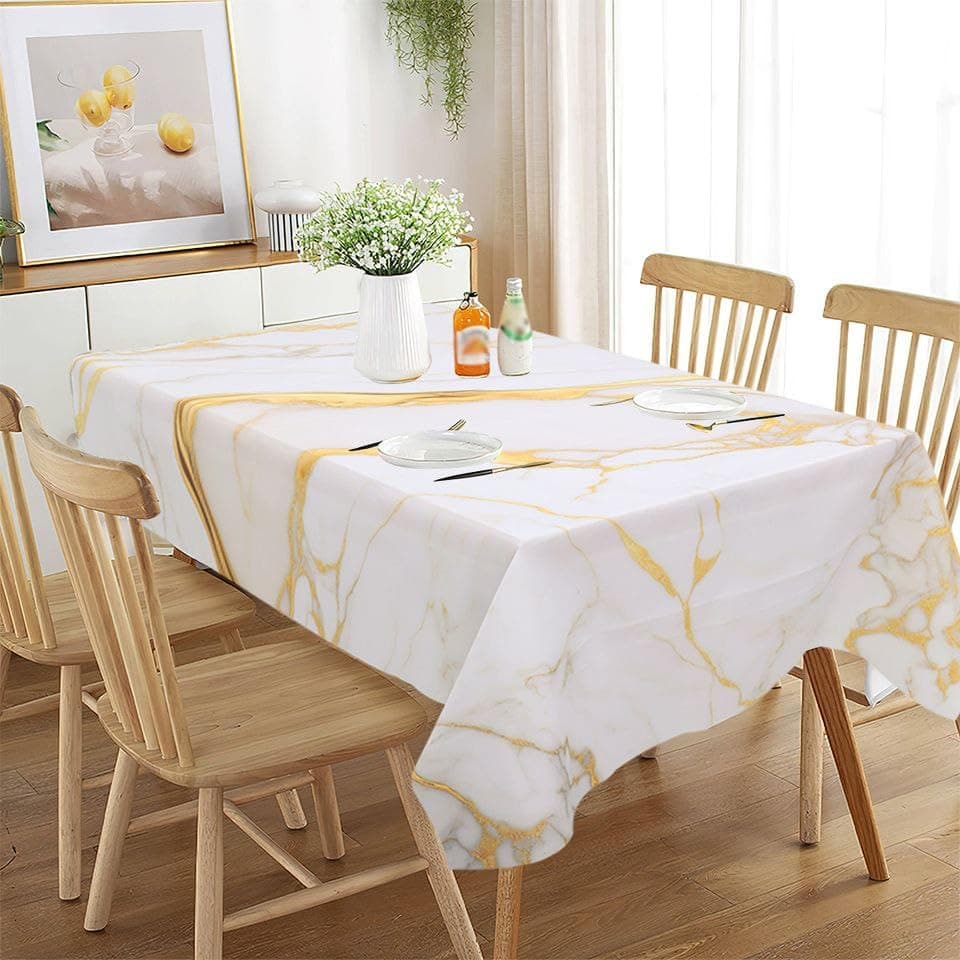 Generic Marble-Print Plastic Tablecloth, White and Gold, Rectangular, 274 x 137 cm, for Gatherings, Birthdays, and Tripsm,db