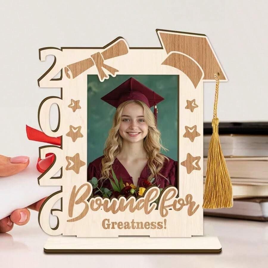 2026 Graduation Wooden Photo Frame, Bound for Greatness, Gold Tassel, 8x7 Inch, Stable Base Picture frame