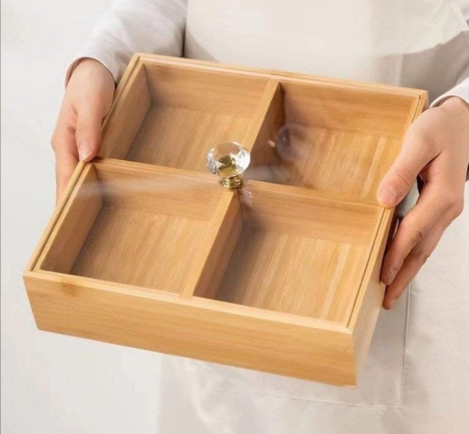 Generic Wooden 4-Section Snack Box with Lid and Crystal Knob, .db