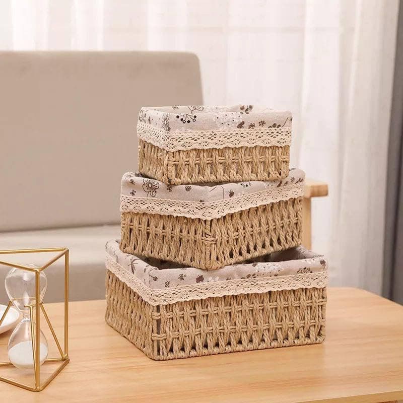 Linen Lined Rattan Wicker Organizer Set of 3 for Organizing Accessories and Small Items at Home with Style and Ease | By Generic Basket