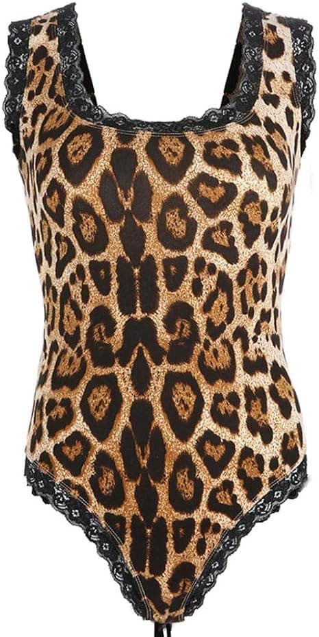 Leopard Print Lace Back Square Neck Scoop Sleeves Babydoll for Women - Lycra Material Nightgown nightshirt