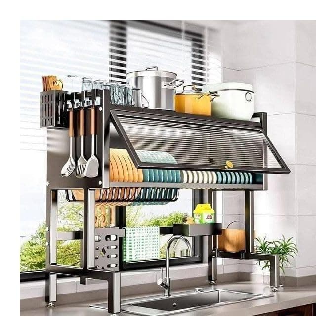 Dish Drying Rack Over The Sink Applied Cabinet Metal Black 85x28x78cm | Multi-Purpose Kitchen Organizer, Includes Cup Holder and Spoons, 6 Metal Hooks, Top Storage Shelf, Stainless Steel