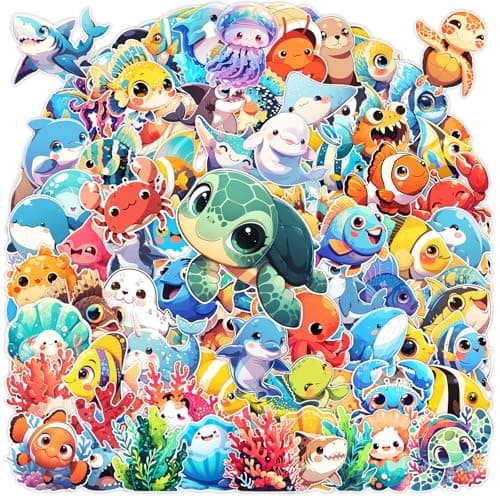 Coostiksy 100 Pcs Cartoon Ocean Animal Stickers Pack for Kids Teens Adults | Cute Sea Life Waterproof Vinyl Decals, Under The Sea Fish Turtle Stickers for Water Bottles, Ocean Theme Party Favors