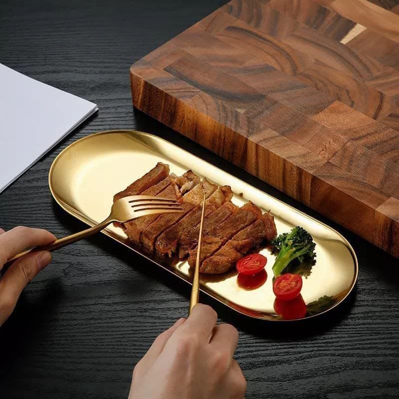Generic Gold-Plated Stainless Steel Oval Serving Tray Set, Gold, Set of 3 Sizes, for Dinner, Cake, Steak, Dessert and Sushi, .ar
