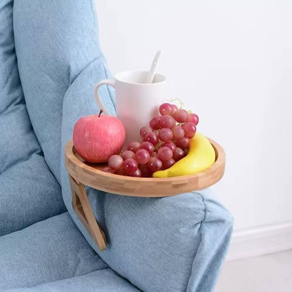 Generic Bamboo Sofa Armrest Clip-On Tray, Round Wooden Couch Side Table, Snack and Drink Organiser, 26 cm .A2