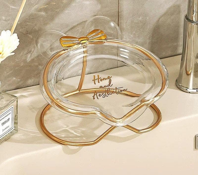 Generic Clear Acrylic Soap Dish with Gold Bow Design, Decorative Holder for Bathroom Vanity, .mk