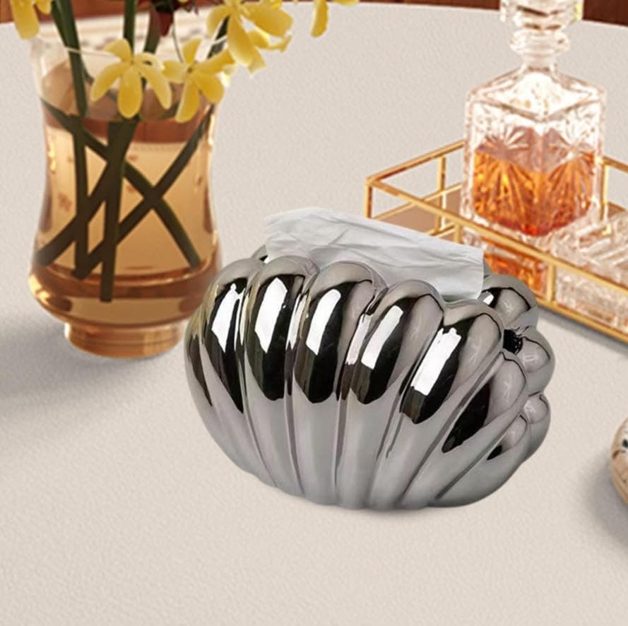 Generic Silver Shell-Shaped Tissue Box, Decorative Holder with Glossy Finish for Home and Office, .kI