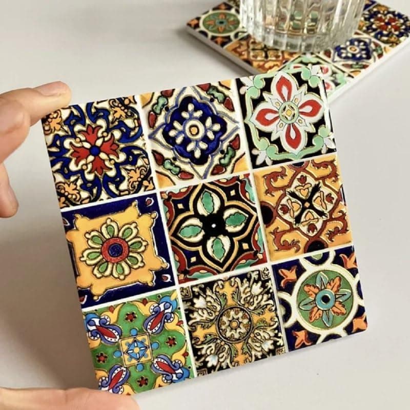 Generic Mini Square Thermal Coaster with Leather Backing, Decorative Tile Design, 10x10 cm .mk Drink coaster