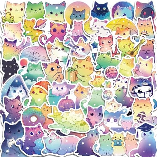 100 Pcs Cute Cat Stickers, Kawaii Water Bottle Stickers for Kids Teens | Waterproof Rainbow Starry Sky Cat Sticker Pack for Laptop Scrapbook, Fun Party Favors and Decorations for Girls Boys Sticker decal