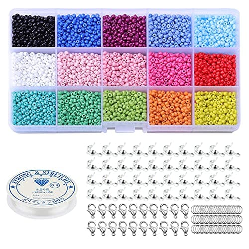 Feelava 7500 Pcs Glass Seed Beads 3mm Multicolor Assortment Small Pony Beads with Lobster Clasps, Open Jump Rings, Beading Cord and Organizer Box for Jewelry Making DIY Bracelets Necklaces Key Chains Art craft kit