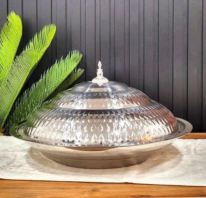 Generic Traditional Arabic Kabsa Serving Tray with Dome Cover, Stainless Steel, Silver, 30 cm, Heavy-Duty, .lon