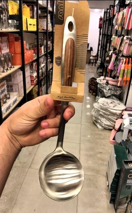 Generic Stainless Steel Serving Spoon with Wooden Handle, Rust-Resistant, Durable Kitchen Utensil for Cooking and Serving. (Scoop for Soups)