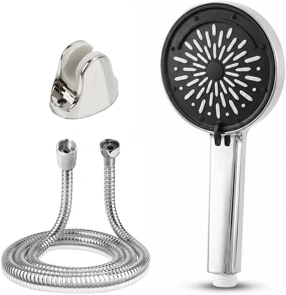 3 in 1 Complete Bathroom Shower Set - Jumbo Shower Speaker Large (Diameter 130mm) with 5 Water Flow Modes, Includes Stainless Steel Hose and Wall Mount, Silver Showerhead