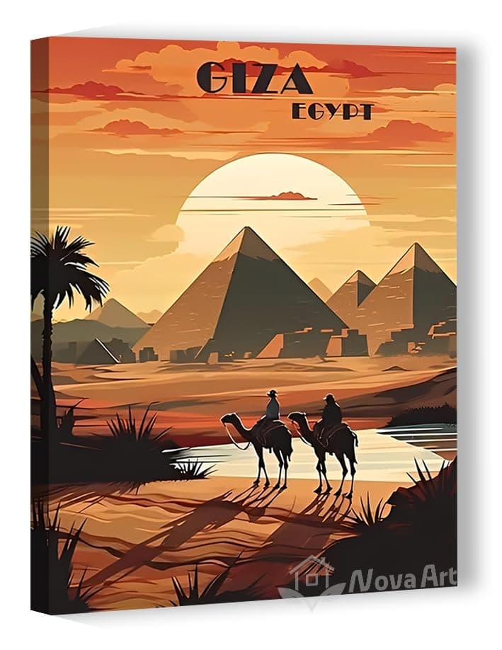 Nova Art Canvas Wall Art - Sunset Over The Pyramids Of Giza - Egypt With Two Beautiful Riders In Front - Wall Decor For Bedroom, Living Room, Office Etc - Modern Home Decor - 20x30cm