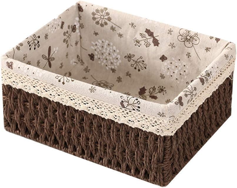 Woven Rattan Basket Set of 3 Rectangular Storage Organizer with Floral Pattern Linen Lining and Durable Metal Frame for Home Organization