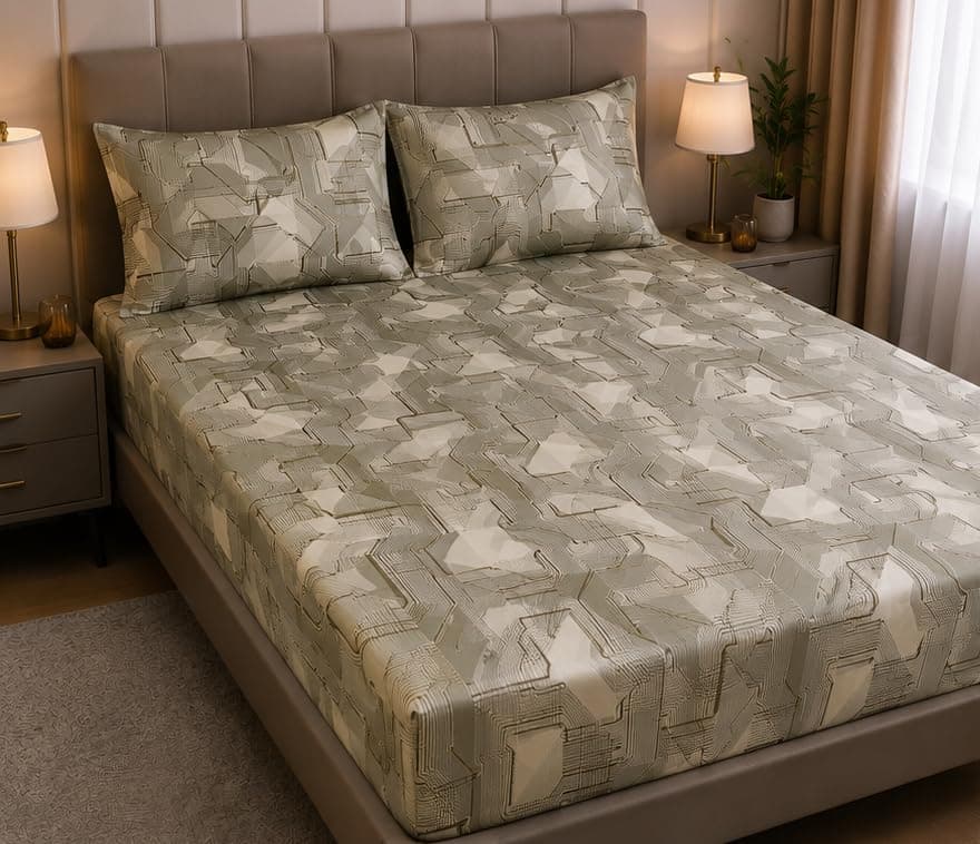 QBED Cotton Printed Fitted Bed Sheet with 2 Pillowcase, Full Elasticized, Soft and Comfortable, Multiple Models and Sizes (A 13, 180 * 200 * 30cm)
