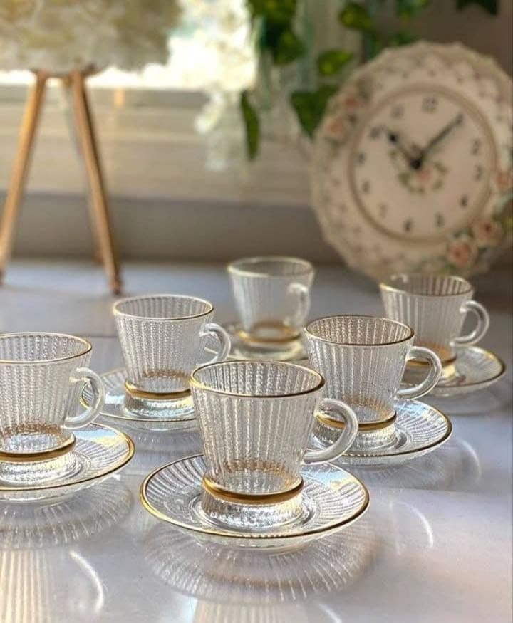 Generic Glass tea set with saucers and gold rims, Set includes 6 saucers, 6 cups, .bs Drinking cup