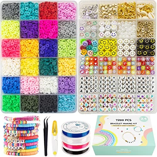 Total 7200 Pcs | Clay Beads for Bracelet Making Kits, 24 Colors 6000 pcs Flat Clay Heishi Beads | 16 A-Z Smiley Face Beads,Strings for Jewelry Making Kit Bracelets Necklace Stuff Gift for Girls 6-12 Art craft kit