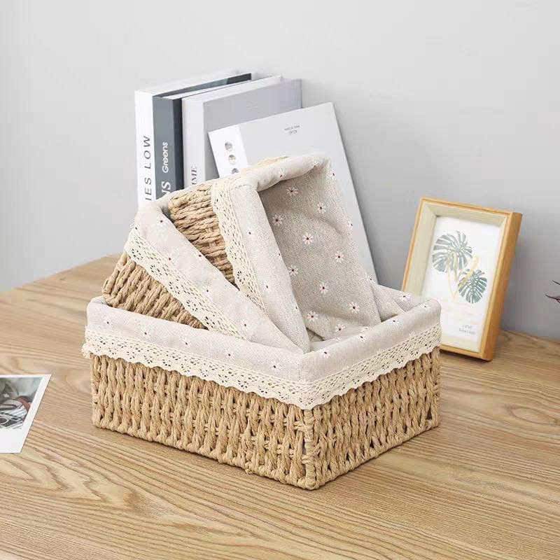 3-Piece Rectangular Woven Rattan Storage Basket Set with Lining