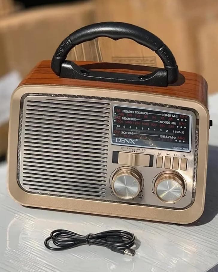 Denx Wooden Classic Portable Radio FM/AM/SW with MP3 Player | Built-in LED Flashlight, Retro Design, Three Wave Types, Convenient Carry Hand, 20x14x4 cm