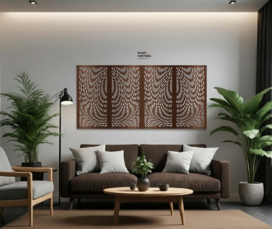 ACOUSTIC MOTION® Wooden MDF Wall Art Decor Panels, TRIPPY Design with Double-Face Tape, Modern Brown Wall Hanging for Home, Living Room, Bedroom, Office & Hotel, 25×50×0.5 cm, 4-Piece Set