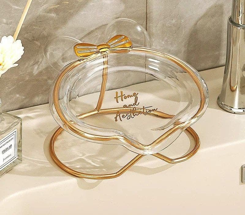 Generic Clear Glass Soap Dish with Gold Bow Design, Decorative Holder for Bathroom Vanity, .mk