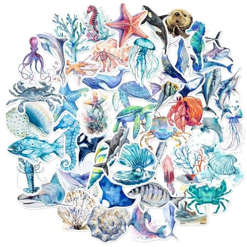 Amaxiu 50 Pieces Ocean Animal Stickers, Waterproof Underwater Fish Stickers, Marine Life Ocean Stickers for Kids for Birthday Party, Scrapbook, Skateboard, Sticker decal
