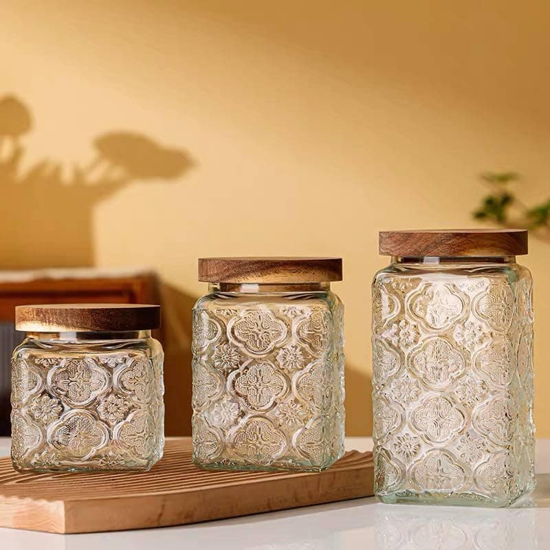 طقم برطمانات 3 قطع بغطاء خشبي - عصري وعملية لتنظيم المطبخ بأحجام متنوعة Jar