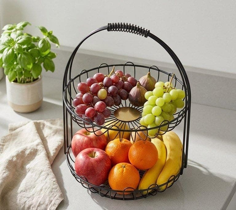 Generic 2-Tier Metal Fruit Basket, Black, Heavy-Duty Wire Stand with Handle for Kitchen Counter, .ar