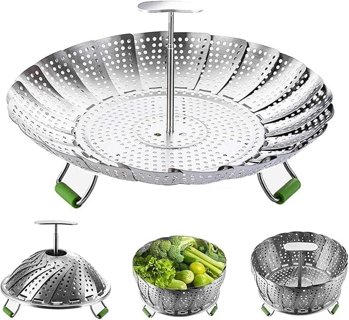 Vegetable Steamer Basket,Stainless Steel Folding Steamer with Extending Removable Center Handle Insert for Veggie Fish Seafood Cooking,Expandable to Fit Various Size Pot Pressure Cooker(5.5" to 9") Cooking container