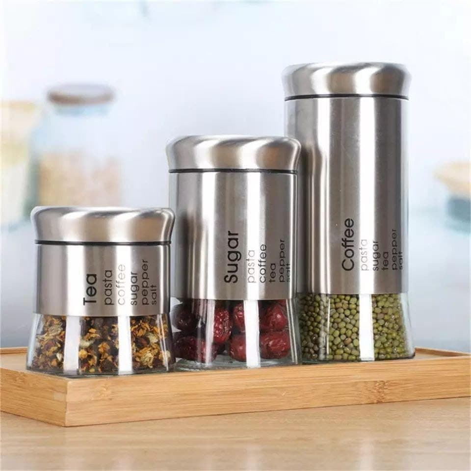 Generic Stainless Steel and Glass Spice Storage Canister Set of 3, .sn