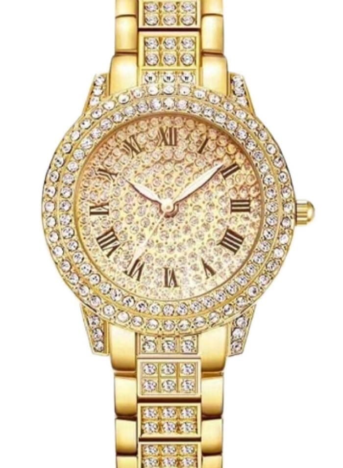 1pc New Women's Casual Round Roman Numeral Scale Retro Alloy Diamond Inlaid Women's Quartz Bracelet Electronic Watch