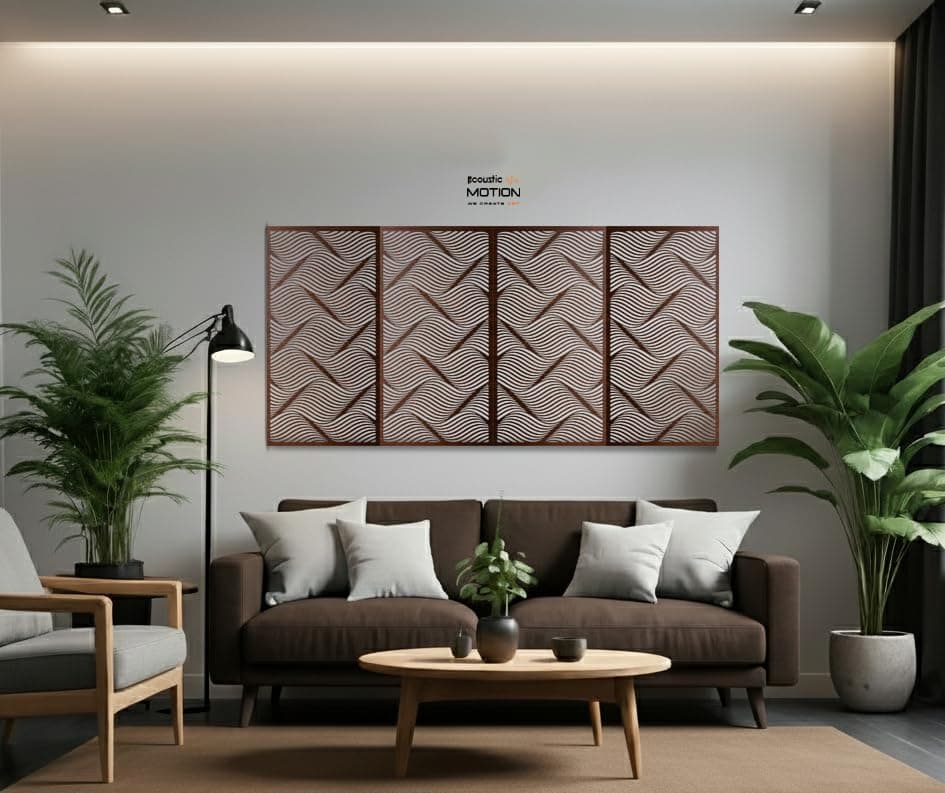 ACOUSTIC MOTION® Wooden MDF Wall Art Decor Panels, VISUALNOISE Design with Double-Face Tape, Modern Brown Wall Hanging for Home, Living Room, Bedroom, Office & Hotel, 25×50×0.5 cm, 4-Piece Set