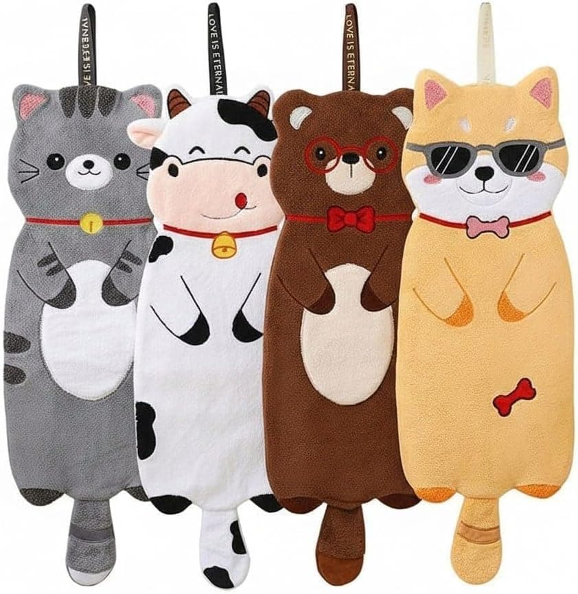 Large 80cm Cotton Kitchen Towel for Drying and High Water Absorption, Cute Animal Pattern Hanging Dish Cloth for Kitchen Cleaning and Polishing