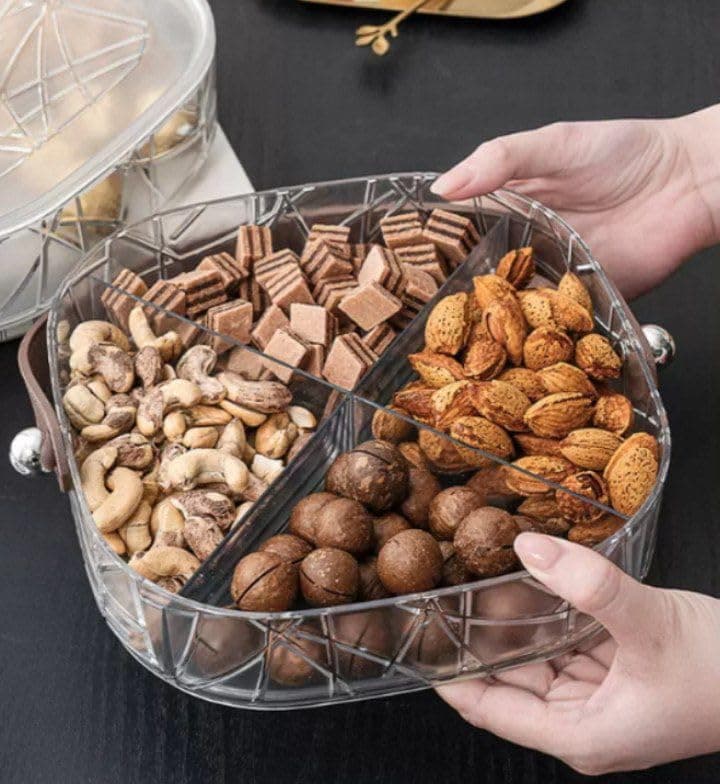 Generic Eclaric Crystal Snack Plate with Leather Handle, Divided Compartments, Transparent with Lid .ze Food storage container