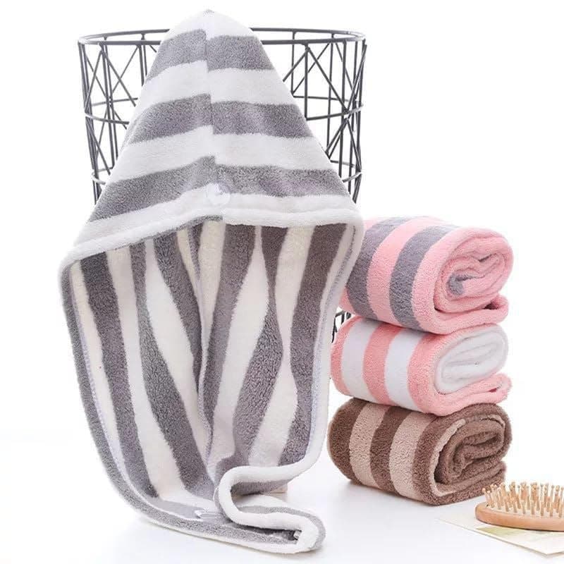 Generic Striped Hair Drying Bonnet, Microfibre Material, Fleece Lined, Large Size with Button Closure, for Women, .kl Towel