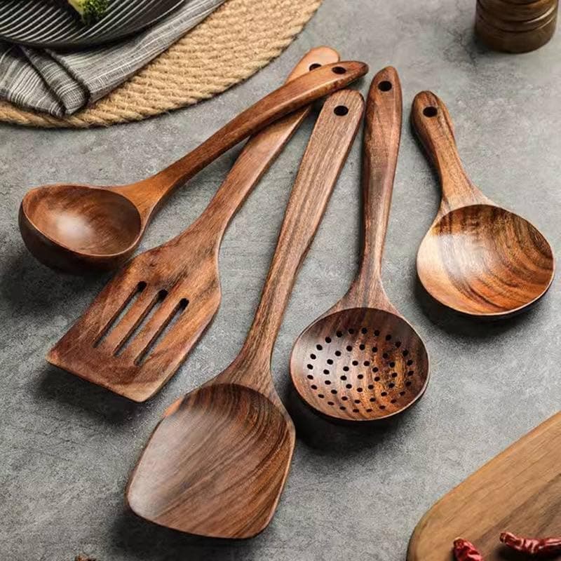Generic Natural Wood Kitchen Utensil Set, 4-in-1 Serving Set with Spoons, Fork, Spatula and Strainer, Durable Lightweight .hg