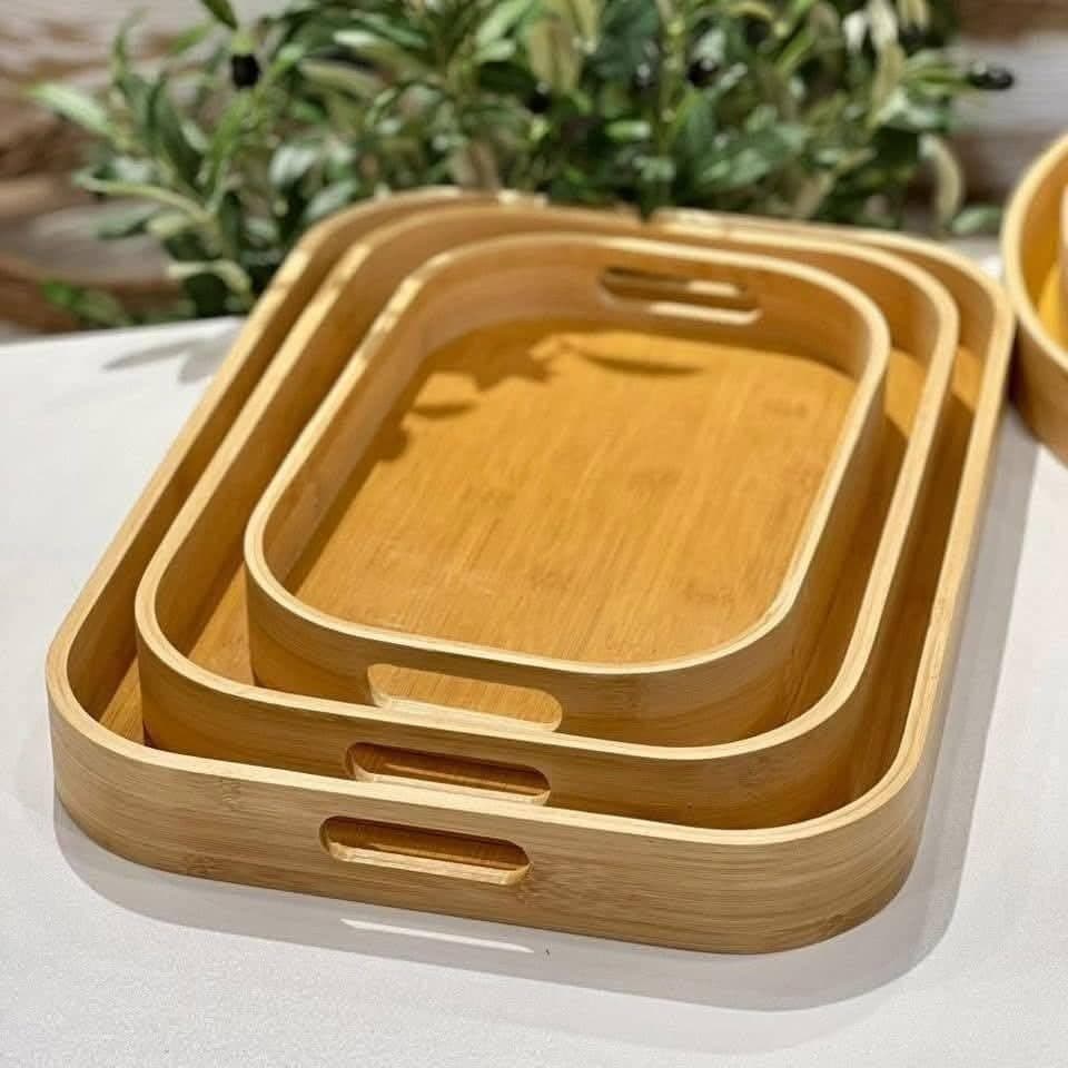 Generic Oval Serving Tray Set with Handles, 3 Different Sizes, 4mm Thick Wood, Set of 3, .ht