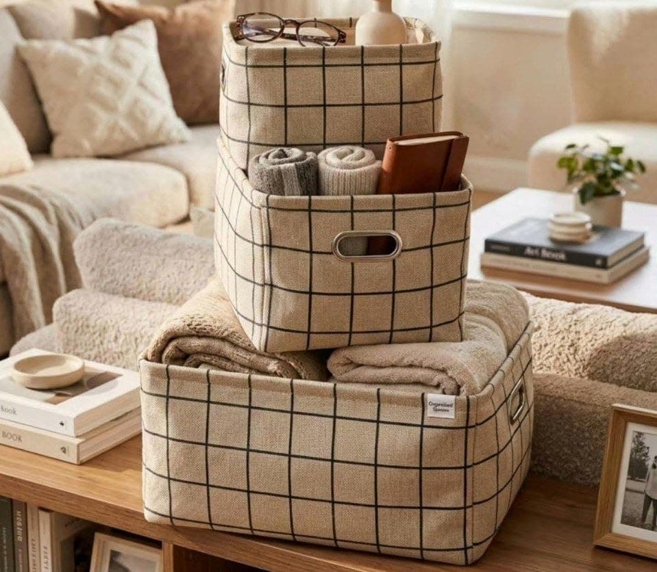 Generic Linen Storage Basket Set of 3, Checkered Design, Foldable Organisers, Various Sizes, for Clothes, Toys and Accessories, .db