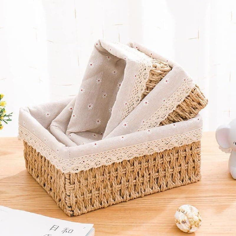 3pcs Rectangular Woven Rattan Storage Basket Set Lined Home Organizers