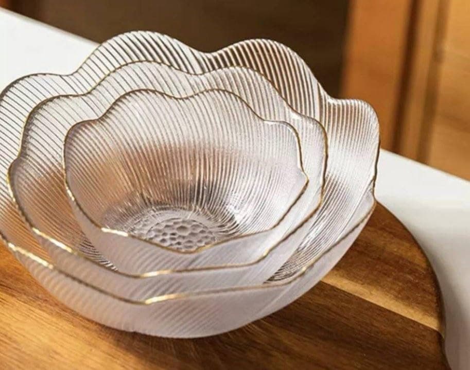 Generic Decorative Glass Bowl Set, 3-Piece Nesting Bowls with Gold Trim, Rose-Striped Pattern .db Dishware bowl