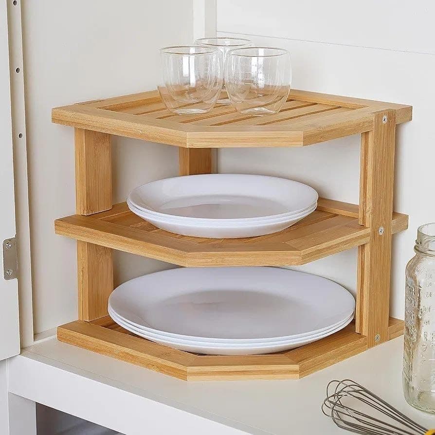 3-Tier Bamboo Corner Shelf, Wooden Kitchen Organiser for Spices, Fruits, Vegetables and Jars, .za Storage rack