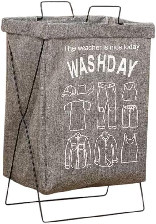 Laundry Basket with Wheels Leather Frame Laundry Basket with Metal Stand Easy to Organize and Assemble Clothes Practical for Bedroom, Bathroom, Daily Use (W)