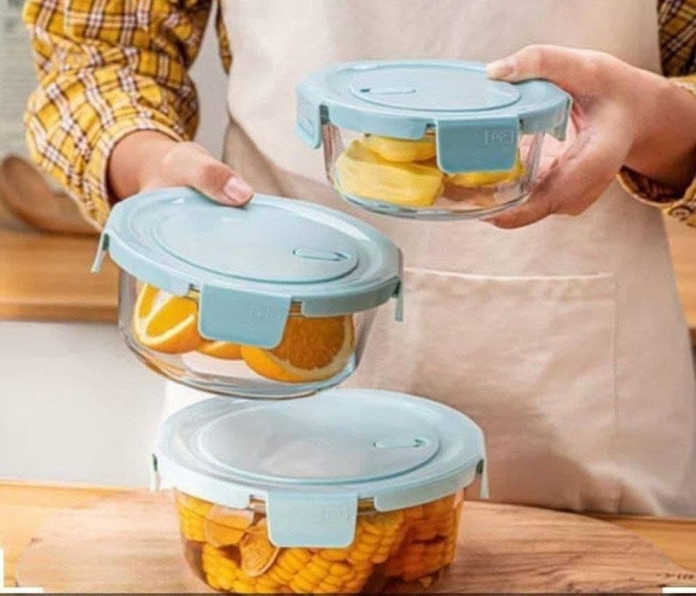 Generic 3-piece round glass set with a tightly sealed plastic lid. Suitable for oven dishes and fridge containers. 1040ml, 680ml, 410ml. Microwave and dishwasher safe, Imported 3-piece round set, .m