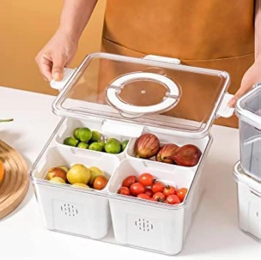 Generic Divided Refrigerator Storage Container with Clear Lid, 4 Compartments, Ventilation, for Fruit and Vegetables, .za Food storage container