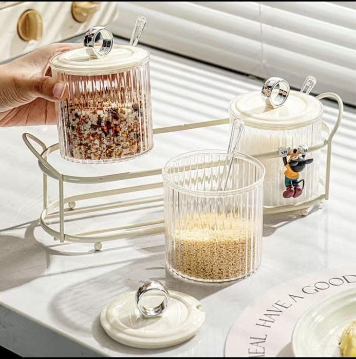 Generic Acrylic Spice Jar Set with Metal Stand and Spoons, Clear, 3 Pieces, .smk