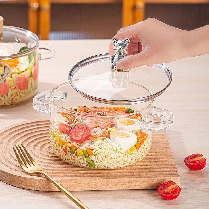 Clear Borosilicate Glass Cooking Pot with Transparent Lid and Teddy Handle 1.8 Liter Heat-Resistant Pot for Direct Stove Cooking and Stylish Kitchen Use